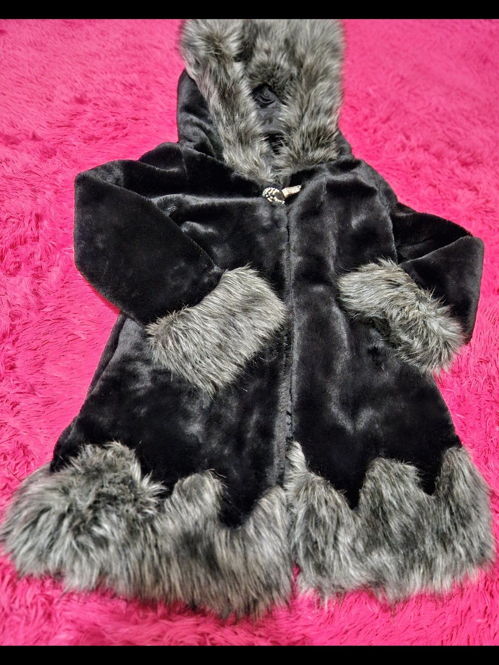 Girls' Black Faux Fur Hooded Pea Coat with Gray Trim